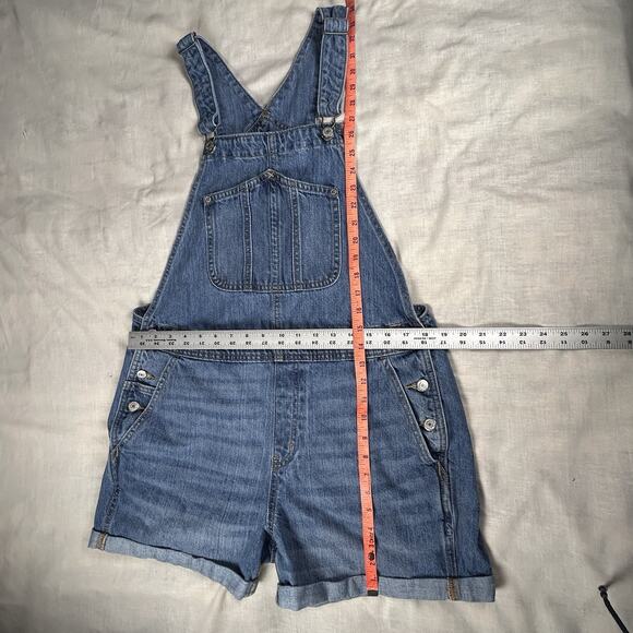 Old Navy Womens L Overall Shorts 100% Cotton Cuffed Leg Denim cottagecore fish - Picture 7 of 7